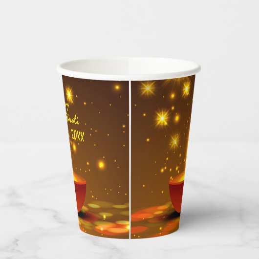 Happy Diwali 20xx Diya Yellow Flame Sparkles Papieren Bekers (Links)