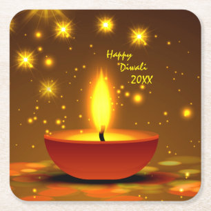 Happy Diwali 20xx Diya Yellow Flame Sparkles Vierkante Kartonnen Onderzetter
