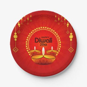 Happy Diwali 20xx voegt Jaar of Tekst Rood Geel 7" Papieren Bordje