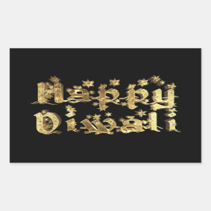Happy Diwali Black en Gold Elegant Stars Tekst Rechthoekige Sticker