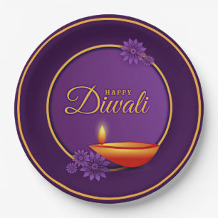 Happy Diwali Diya Candle Paars Gold 9" Papieren Bordje