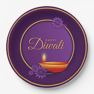 Happy Diwali Diya Candle Paars Gold Papieren Bordje