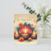 Happy Diwali Diya Lotus Festival van Lichte Bloeme Feestdagenkaart (Staand voorkant)