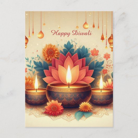 Happy Diwali Diya Lotus Festival van Lichte Bloeme Feestdagenkaart (Voorkant)