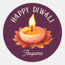 Happy Diwali Elegant Diya Lamp Customisable Ronde Sticker