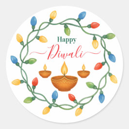 Happy Diwali Lights en Diyas Design Ronde Sticker