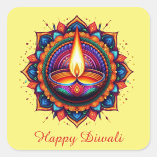 Happy Diwali Mandala Diya Festival van lichtgeel Vierkante Sticker