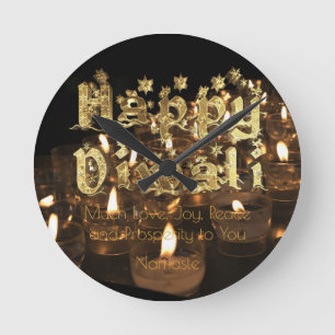Happy Diwali Quote Black Gold Typography Candles Ronde Klok