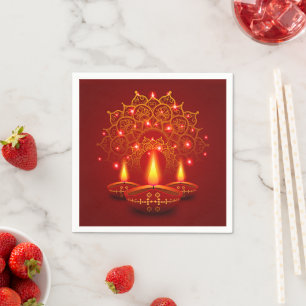 Happy Diwali Red Gold Sparkle Mandala Diya Candles Servet