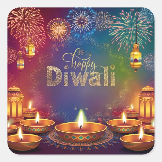 Happy Diwali Vuurwerk Diya Festival van het Licht Vierkante Sticker (Voorkant)