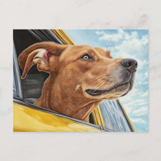 Happy Dog in Yellow Car Art Print Briefkaart (Voorkant)