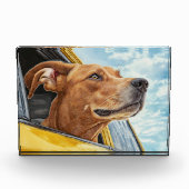 Happy Dog in Yellow Car Art Print Fotoblokken (Voorkant)