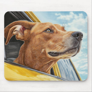 Happy Dog in Yellow Car Art Print Muismat