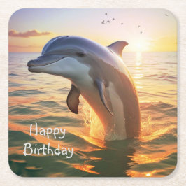 Happy Dolphin Birthday Vierkante Kartonnen Onderzetter