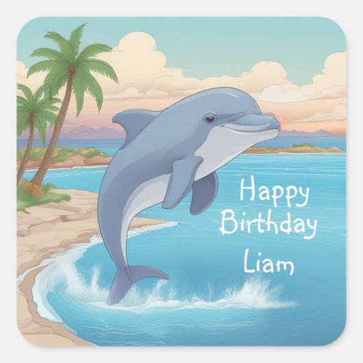 Happy Dolphin Birthday Vierkante Sticker (Voorkant)