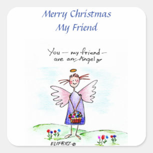 Happy Drawing "You My Friend" Paarse Blauw Groen Vierkante Sticker