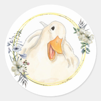 Happy Duck, Leuk Dier, Handgemaakt, Bloemen Lijst Ronde Sticker