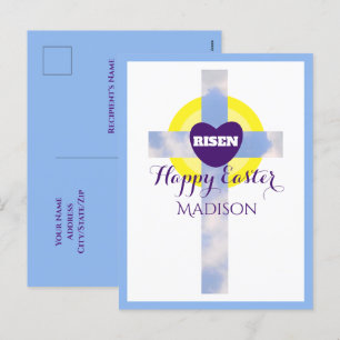 Happy Easter Blue Sky Cross - aangepaste naam Feestdagenkaart