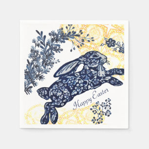 Happy Easter Blue White Yellow Rabbit Chinoiserie Servet