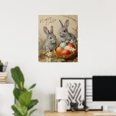 Happy easter bunnies with easter eggs in basket  Poster (Thuiskantoor)