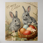  Happy easter bunnies with easter eggs in basket  Poster (Voorkant)