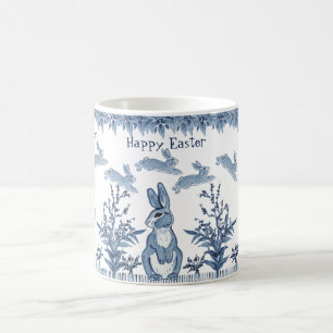 Happy Easter Bunny Blue White Rabbit Pattern Delft Koffiemok
