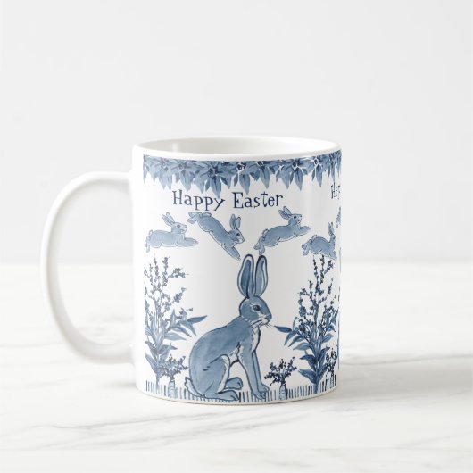 Happy Easter Bunny Blue White Rabbit Pattern Delft Koffiemok (Links)