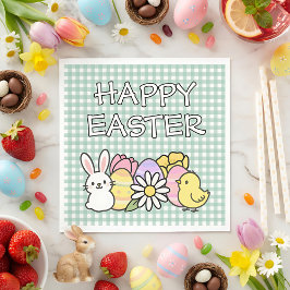 Happy Easter Bunny Chick Eggs Floral Green Gingham Servet