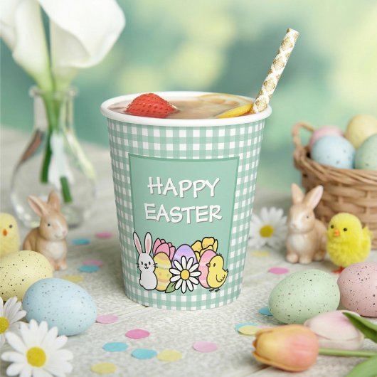 Happy Easter Bunny Chick Eggs Green Gingham Papieren Bekers