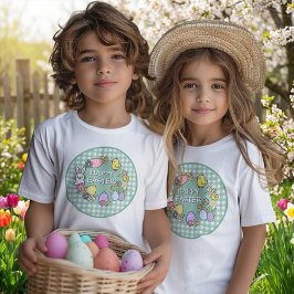 Happy Easter Bunny Chick Eggs Green Gingham T-shirt