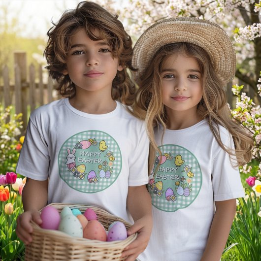 Happy Easter Bunny Chick Eggs Green Gingham T-shirt