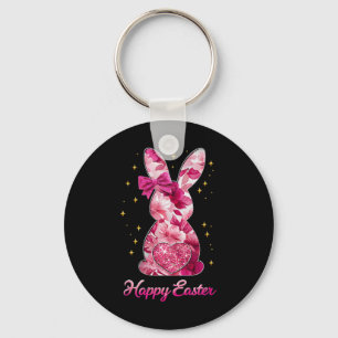 Happy Easter Bunny Coquette Bow Roze Bloemen Chino Sleutelhanger