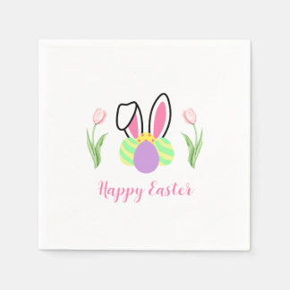 Happy Easter Bunny Ears Eggs and Pink Tulips Servet