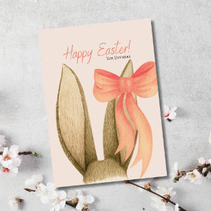 Happy Easter Bunny Ears Peach Bow Wenskaart Feestdagen Kaart