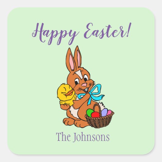 Happy Easter Bunny en Chick Square Sticker (Voorkant)
