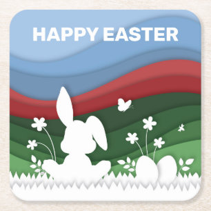 Happy easter bunny en eierjacht in natuur vierkante kartonnen onderzetter