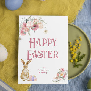 Happy Easter Bunny en Flowers Easter Feestdagenkaart
