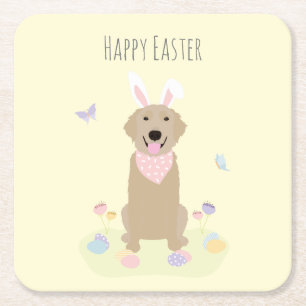 Happy Easter Bunny Golden Retriever Vierkante Kartonnen Onderzetter