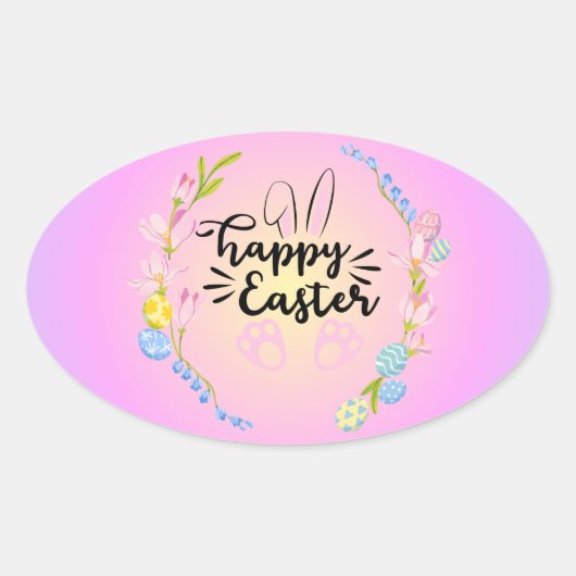 Happy Easter Bunny Outline  pastel Ovale Sticker (Voorkant)