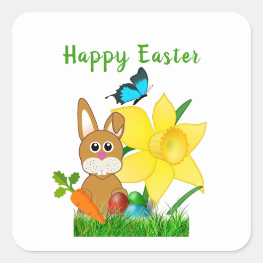 Happy Easter Bunny Rabbit Vierkante Sticker (Voorkant)