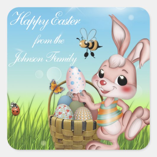 Happy Easter Bunny Rabbit Vierkante Sticker (Voorkant)