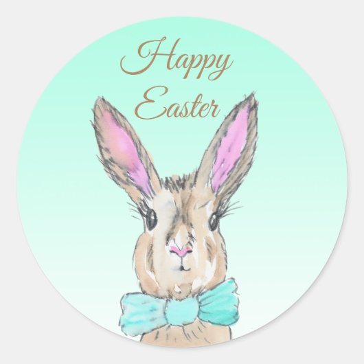 Happy Easter Bunny Rabbit Waterverf Ronde Sticker (Voorkant)