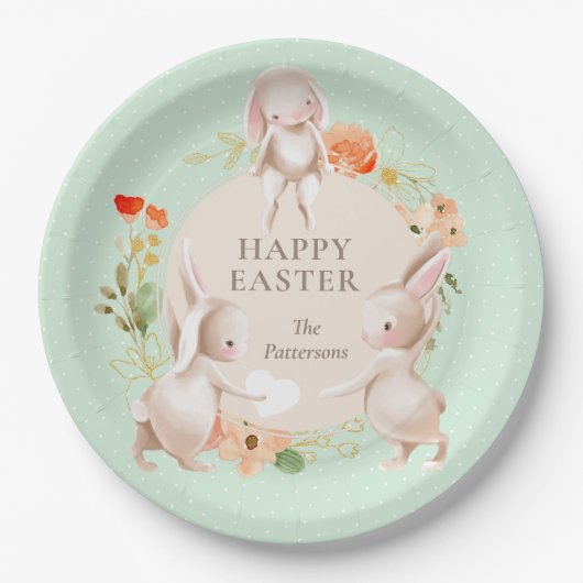 Happy Easter Bunny Rabbits Floral Papieren Bordje (Voorkant)