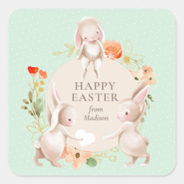 Happy Easter Bunny Rabbits Floral Vierkante Sticker