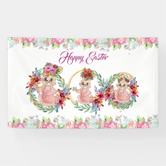 Happy Easter Bunny Waterverf Floral Wreath Spandoek (Horizontaal)