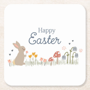 Happy Easter Bunny Wildflowers Schattigee Kinder v Vierkante Kartonnen Onderzetter