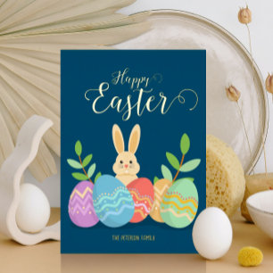 Happy Easter   Cartoon Bunny & Eggs Gold Folie Feestdagenkaart