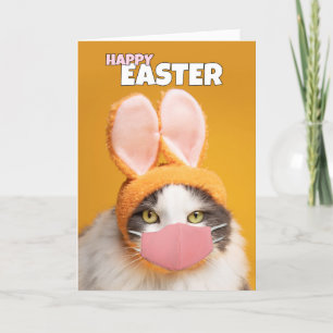 Happy Easter Cat in konijnenoren en gezichtsmasker Feestdagen Kaart