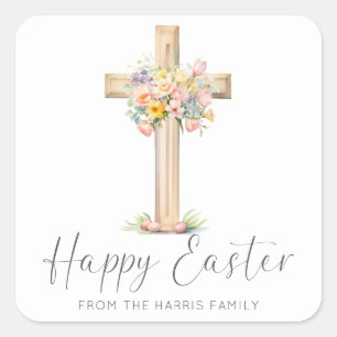 Happy Easter Cross Floral Vierkante Sticker