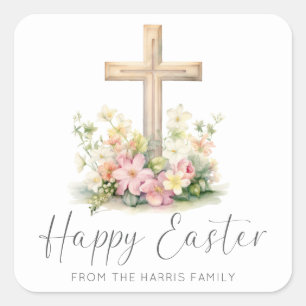 Happy Easter Cross Floral Vierkante Sticker
